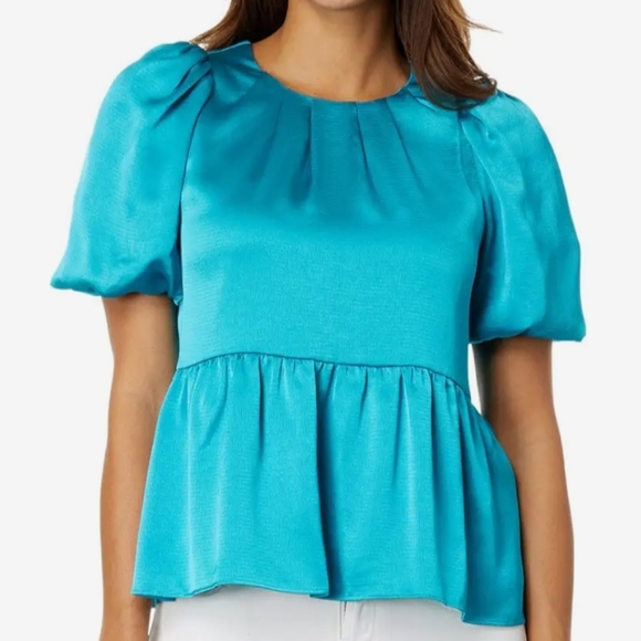 Lilly Pulitzer Tops - NWT Lilly Pulitzer blue puff sleeve peplum blouse top Womens 14